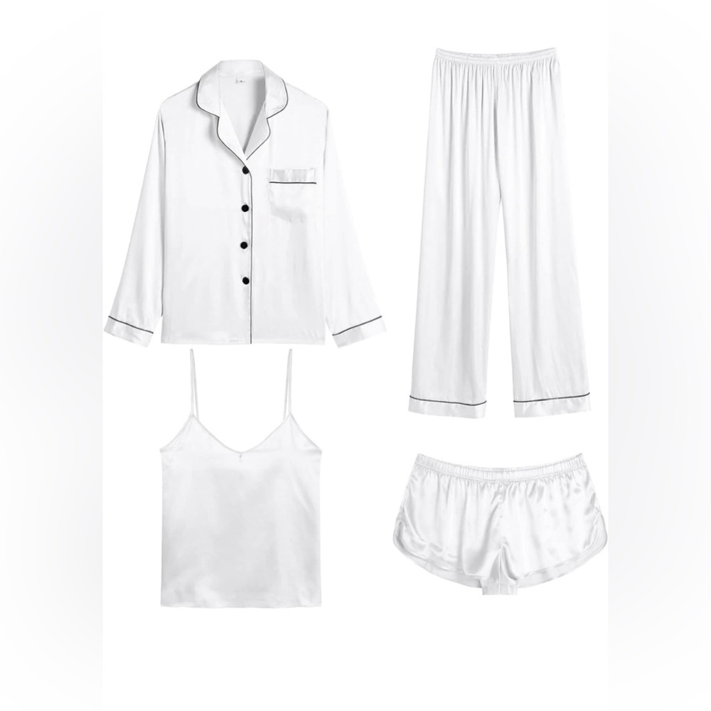 Women’s 4-Piece White Satin Pajama Set with Cami Size L